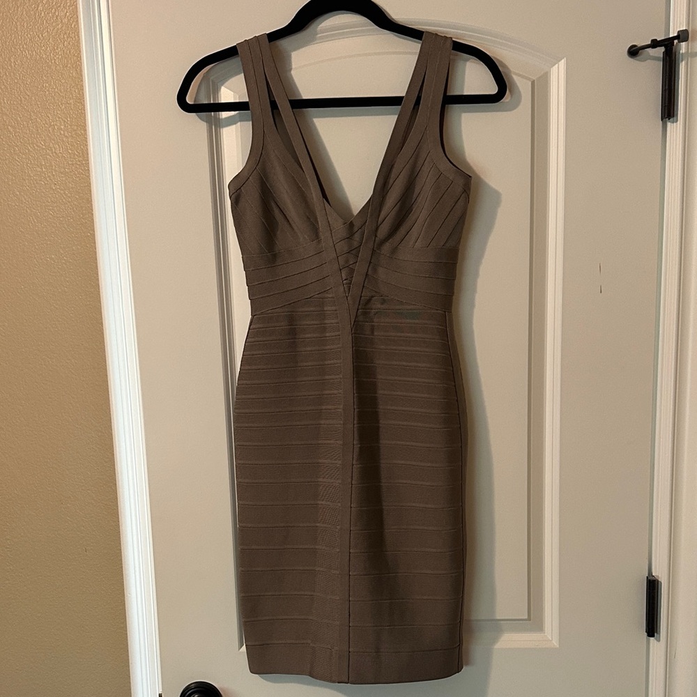 Herve Leger Olive Brown V-Neck Mini Dress